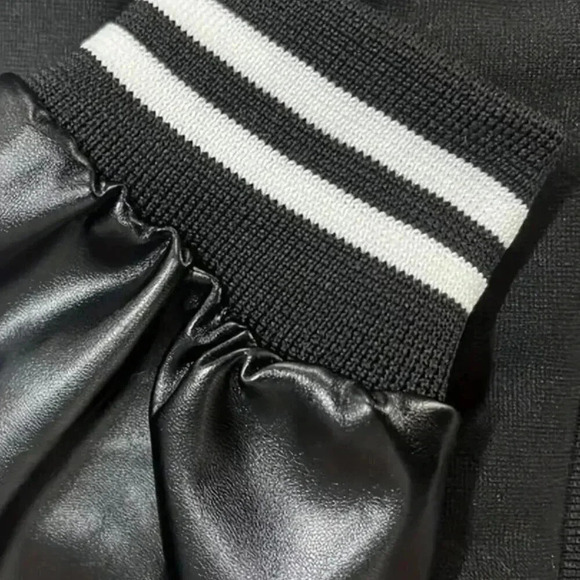 Alphabet (PU Long Sleeve) Crop Baseball Jacket (Color: Black) - Picture 4 of 5